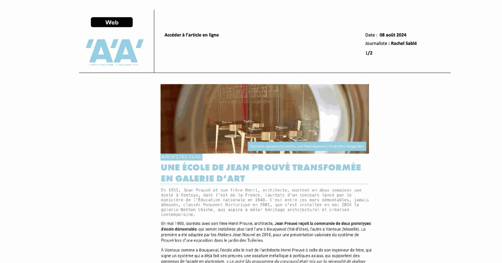 A'A' — L'Architecture d'Aujourd'hui — Une école de Jean Prouvé transformée en galerie d'art