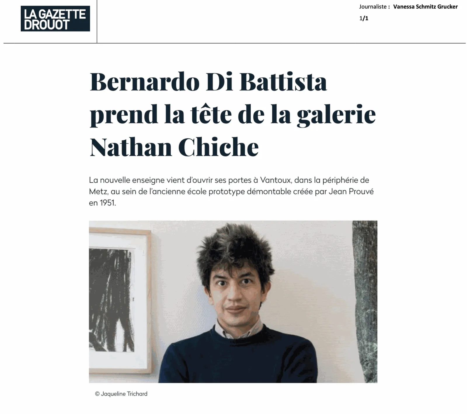 La Gazette Drouot — Bernardo Di Battista prend la tête de la galerie Nathan Chiche