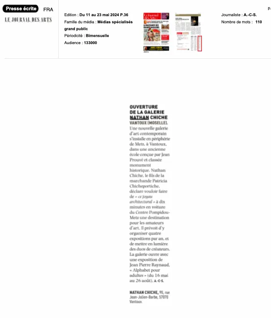 Le Journal des Arts — Ouverture de la galerie Nathan Chiche