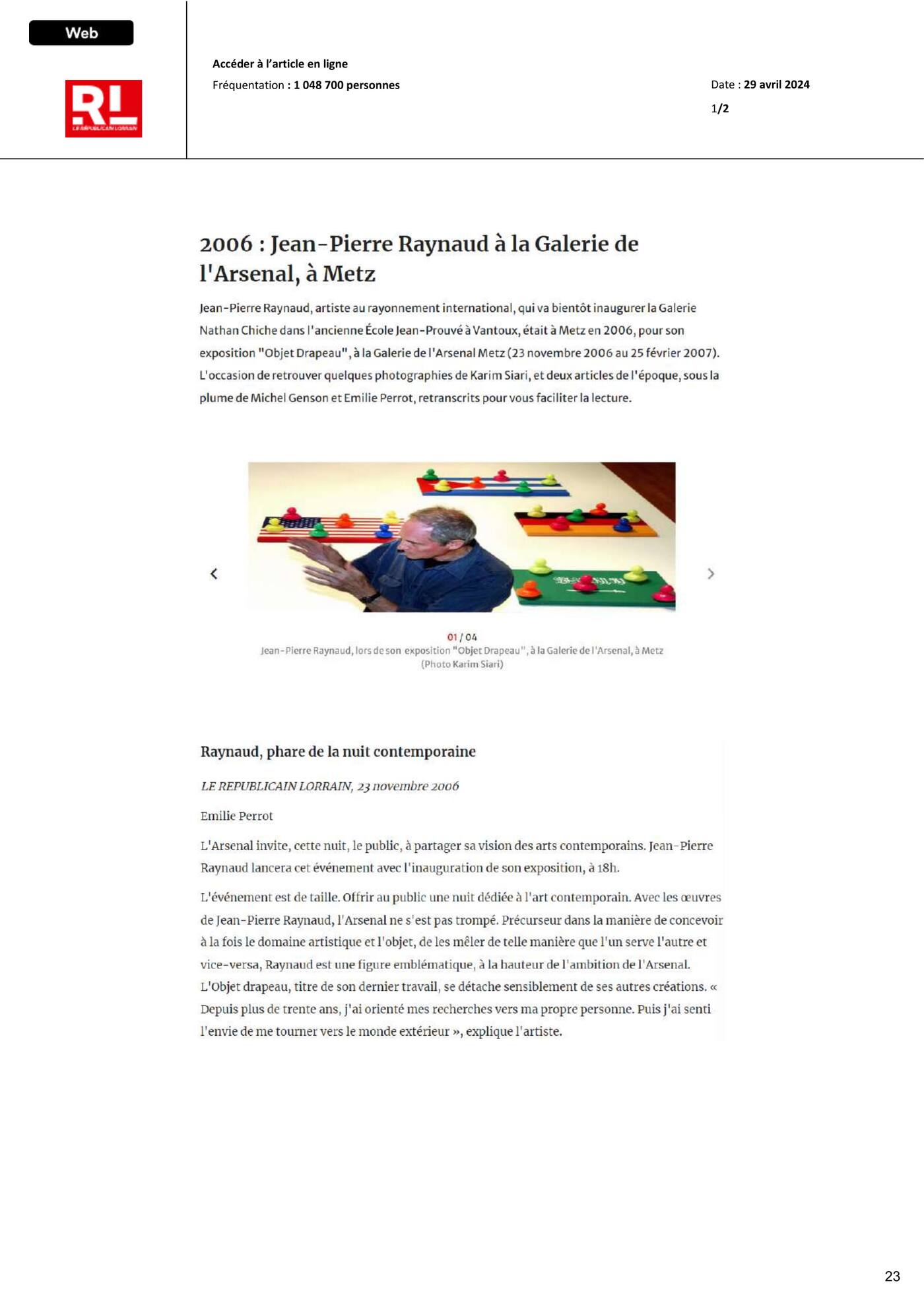 Le Républicain Lorrain — 2006 : Jean-Pierre Raynaud à la Galerie de l’Arsenal, à Metz